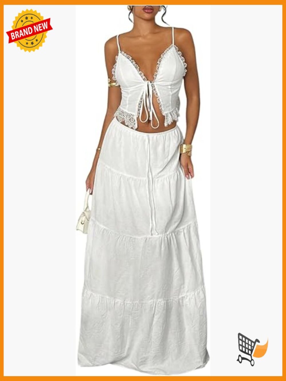 2 Piece Lace Trim Tie Front Camisole Maxi Skirt Set